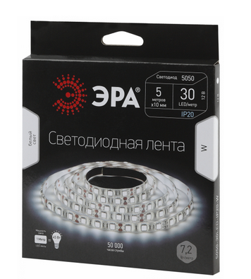 Светодиодная лента ЭРА IP20  12V   7,2Вт/м  4000К  LS5050-30LED-W  (1уп.-5м)